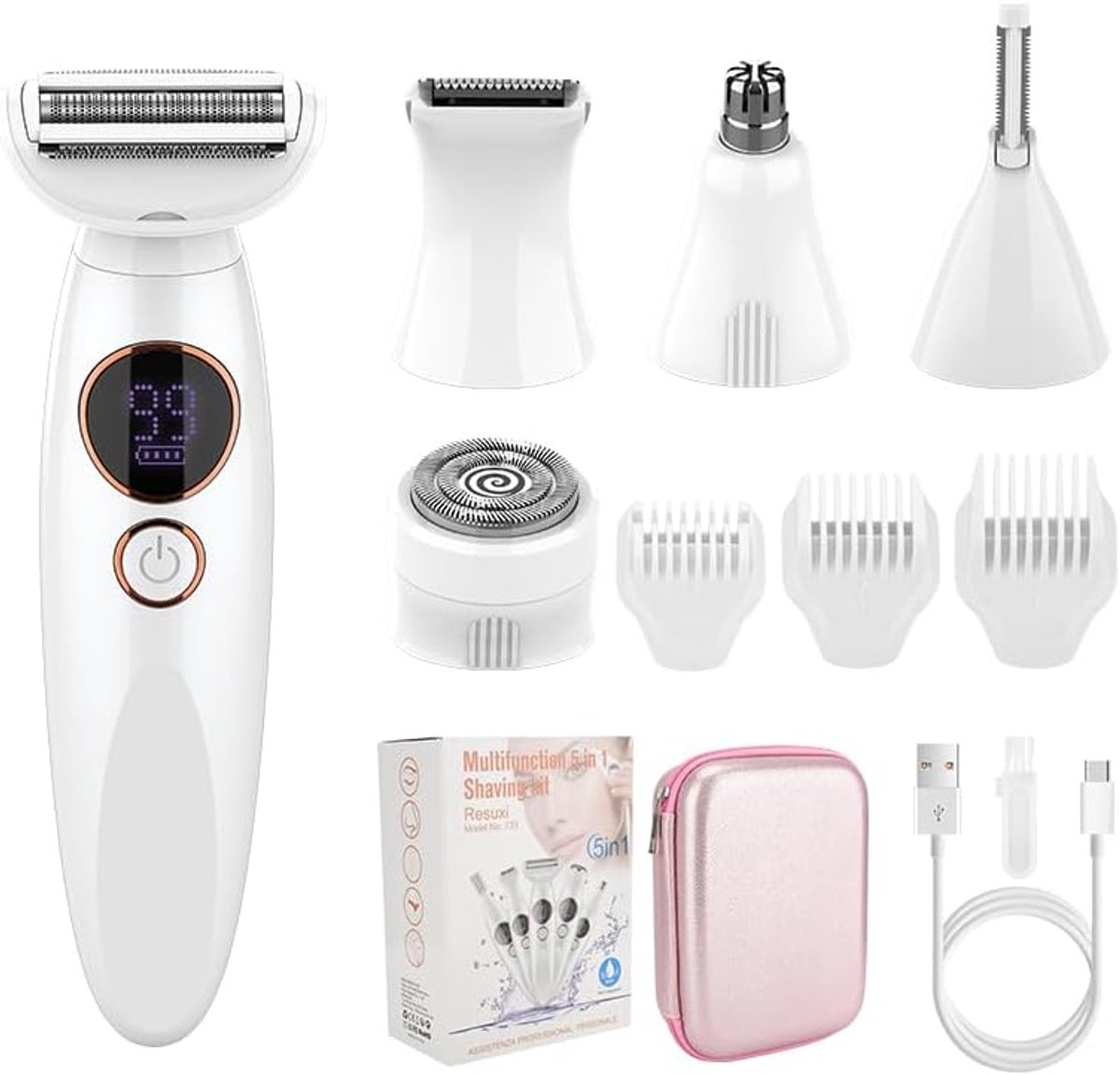 SnelShoppen - 5-in-1 Multifunctionele Ontharingsset met 5 Opzetstukken, IPX7 Waterdicht, Draagbare USB Oplaadbare Trimset voor Lichaam, Gezicht, Wenkb