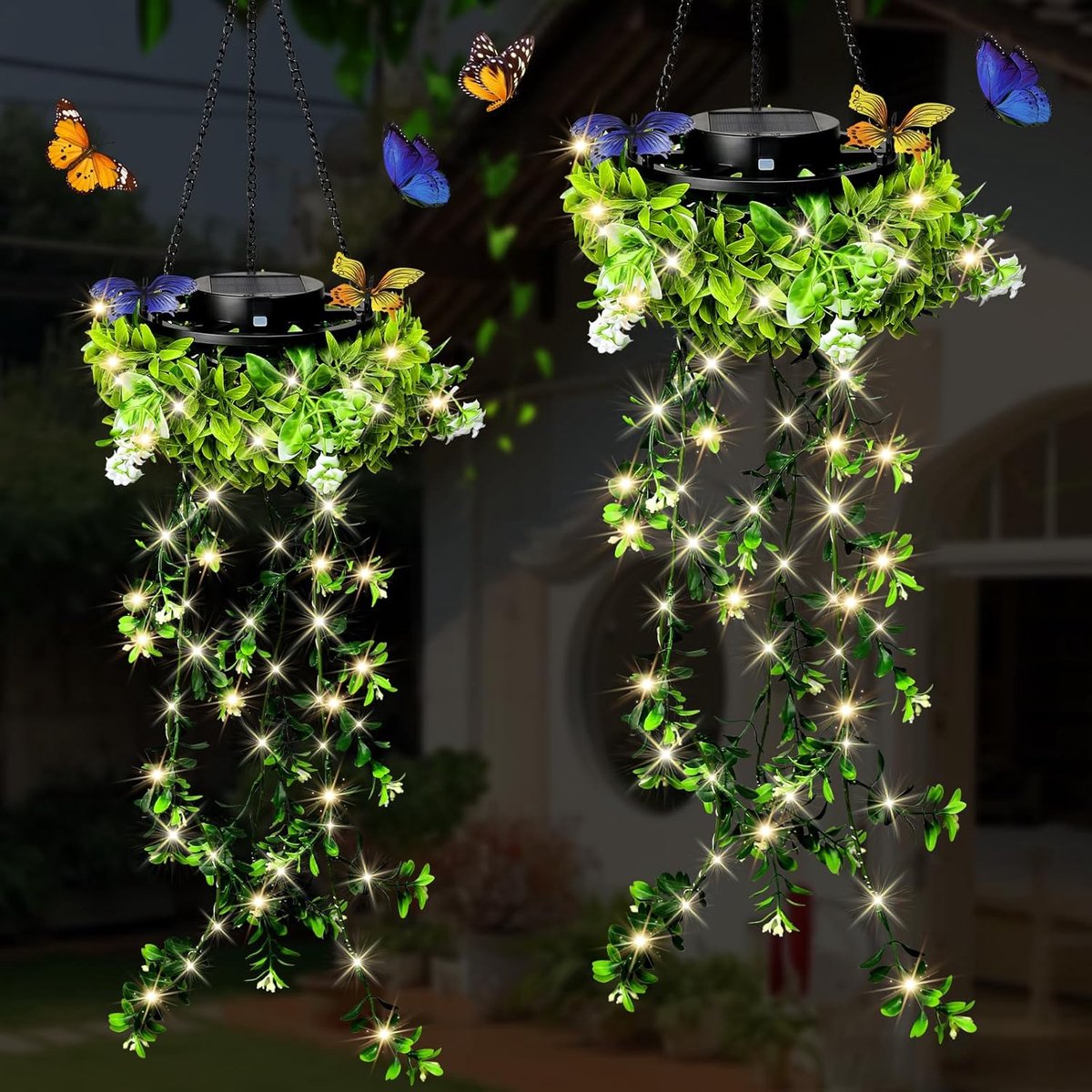 SnelShoppen - Zonneverlichting Buiten - 2 Stuks Hangende Nepplanten Sprookjesverlichting - 66 LED Waterdichte Kunstplanten Tuinornamenten - Limoen Fon