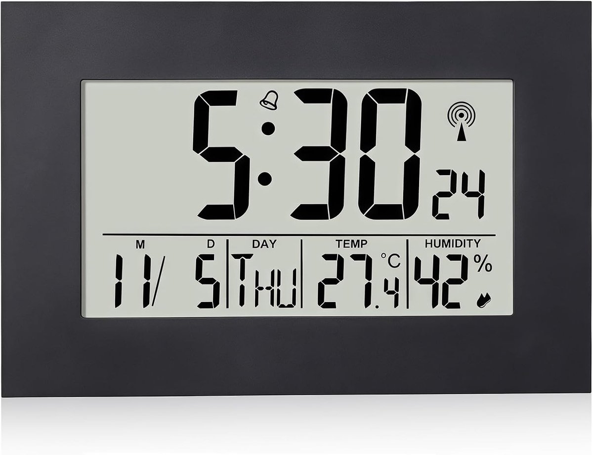 SnelShoppen - Digitale Muurklok met LCD Scherm - Grote Display, ABS Materiaal, Automatische Tijdinstelling, Radiowekker met Temperatuur en Vochtigheid