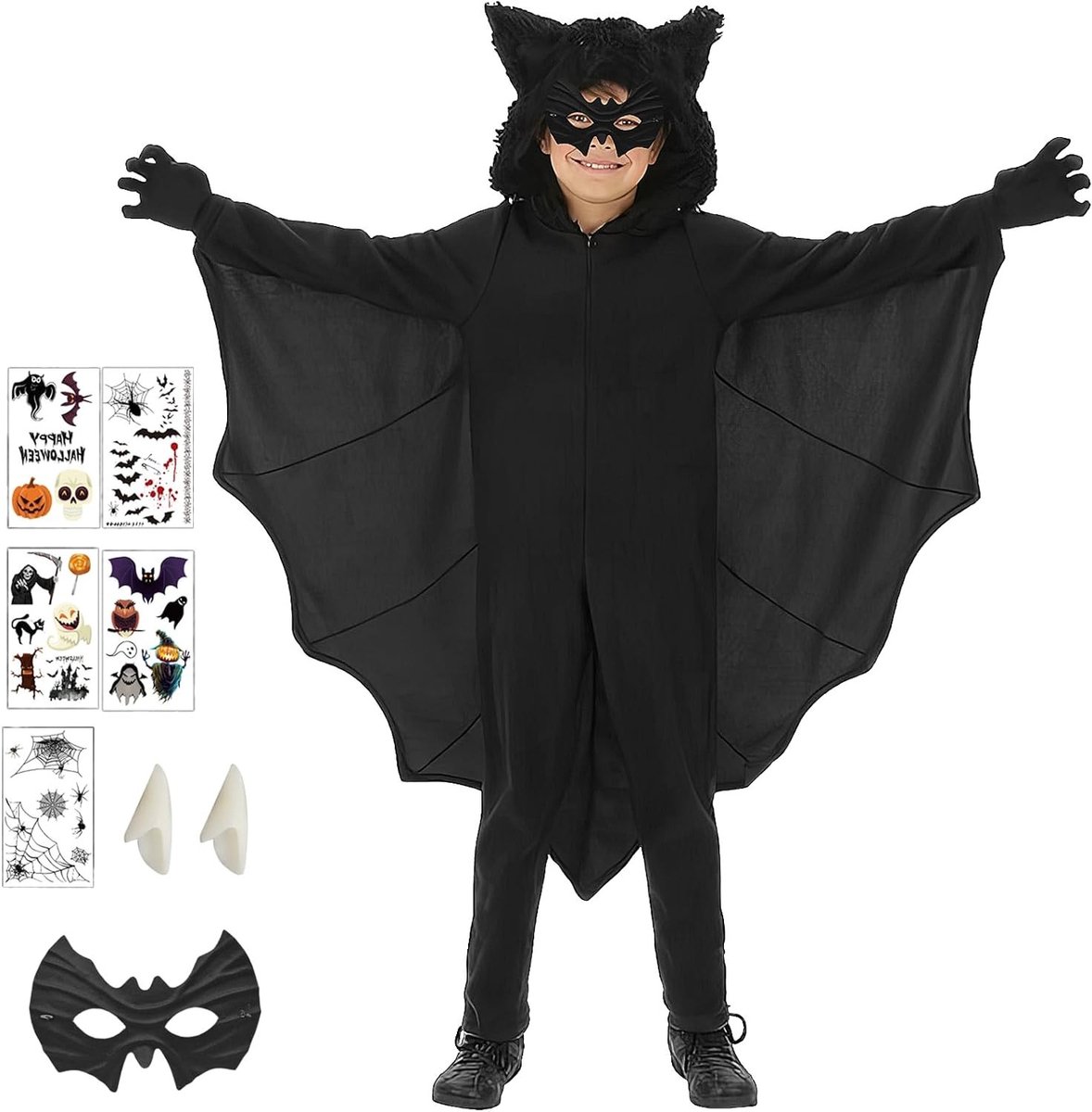 Kindercostuum voor Halloween met vleermuiscape, hoed, vampiertanden, vleermuismasker en tatoeages voor carnaval en cosplay feestjes