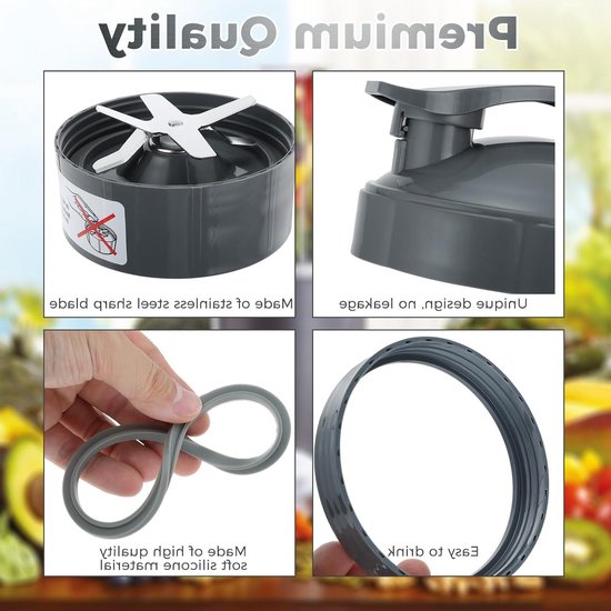 8-delige Set Vervangende Blenderbekers en Mesjes, 945ml Grote Beker met Flip Top Deksel, Inclusief Rubber O-ringen en Borstel voor Blender 600W/900W Modellen — afbeelding 4