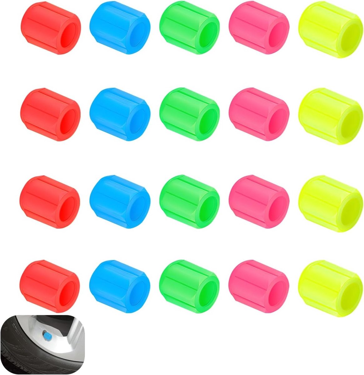 Set van 20 Fluorescerende Ventieldoppen voor Auto's, Motoren en Fietsen - Glow-in-the-Dark Plastic Ventieldoppen in Diverse Kleuren zoals Groen, Roze, Rood, Blauw en Geel