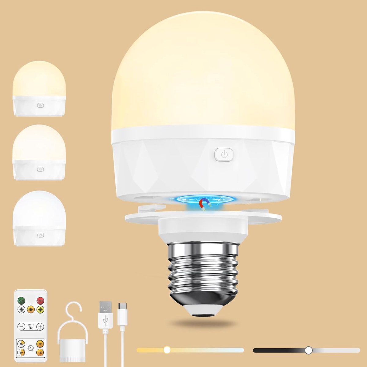 SnelShoppen - E27 Oplaadbare LED Lamp met Afstandsbediening, USB-C Oplaadbare Bulb met 2200mAh Batterij, Magnetische Haak, 3 Kleuren Dimbaar, Tijdscha