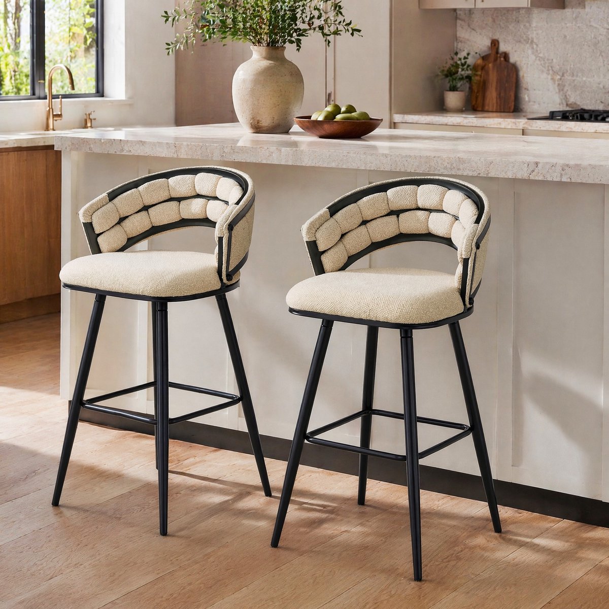 MODENUIT Barkruk 98 cm - Set Van 2 Met Rugleuning En Voetsteun - Voor Keukeneiland - Velvet Beige
