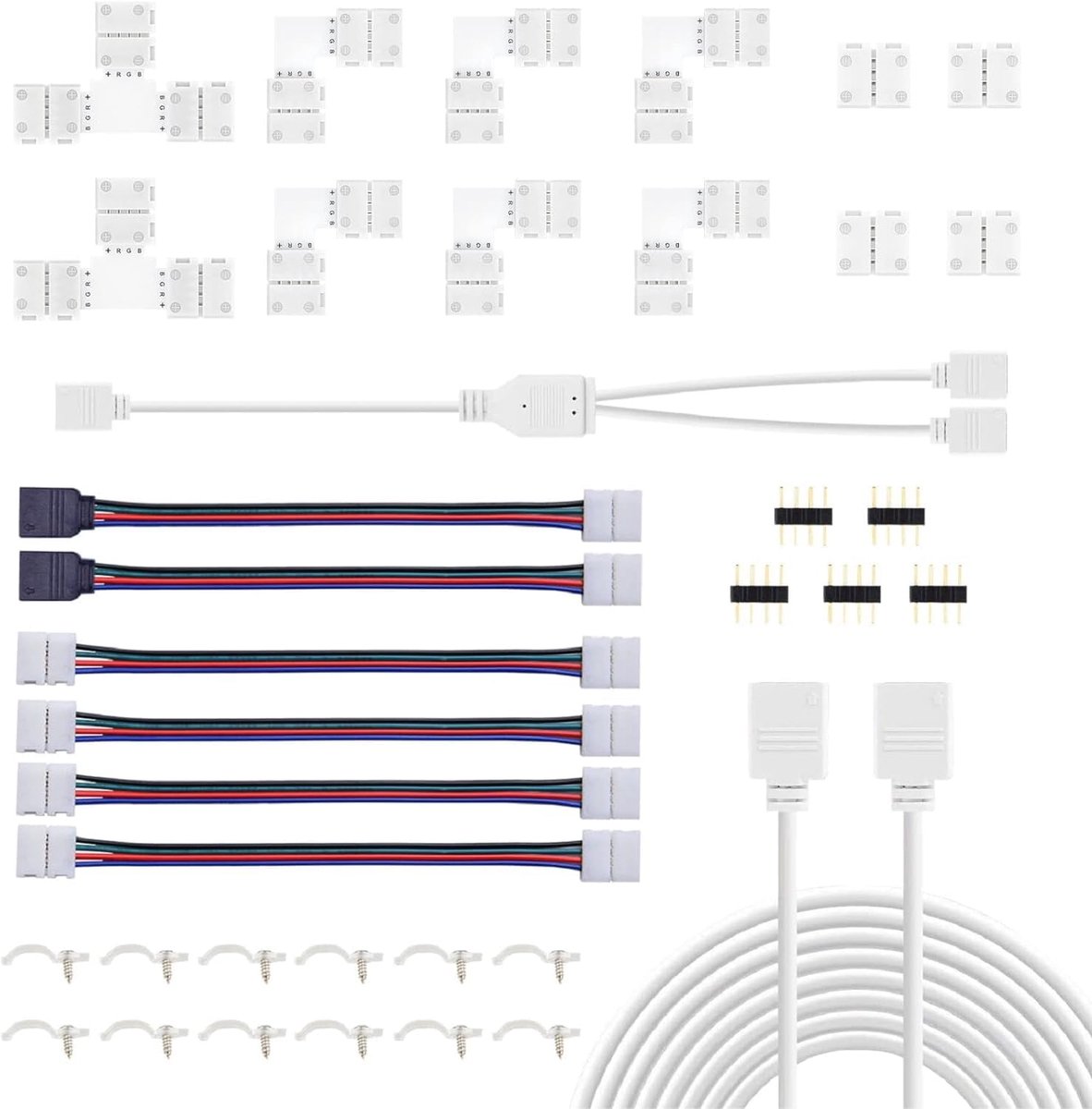 SnelShoppen - LED Strip Connector Set - 10mm 4-polige RGB 5050 - Verlenging, Hoekverbinding en Bevestigingsclips - L- en T-vormige Connectoren voor Fe