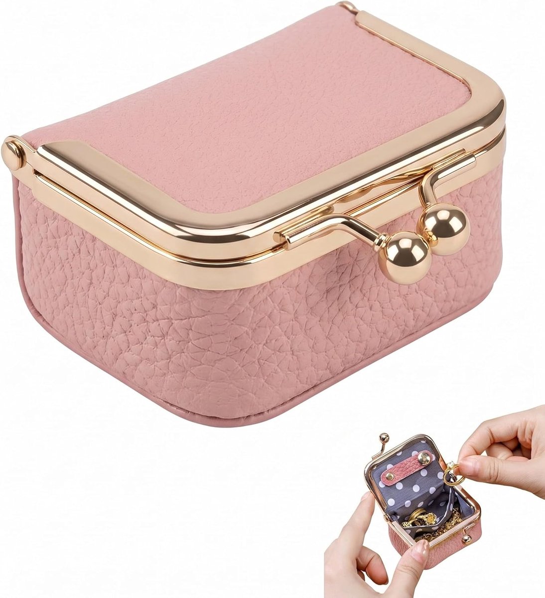 SnelShoppen - Mini-sieradendoos voor op reis, roze PU-leer, draagbaar, voor ringen, oorbellen, halskettingen en armbanden, 1 stuk voor dames