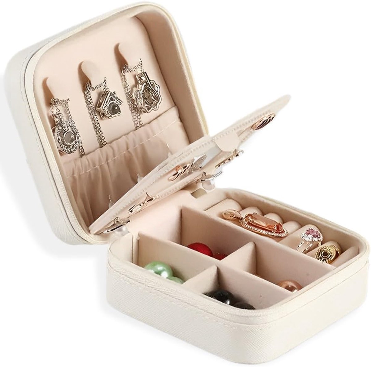 SnelShoppen - Travel Jewellery Box, Compact Luxe Sieradenbox voor Mannen en Vrouwen, Met Spiegel, Reistas voor Sieraden, Faux Leer, Wit, Ideaal voor R