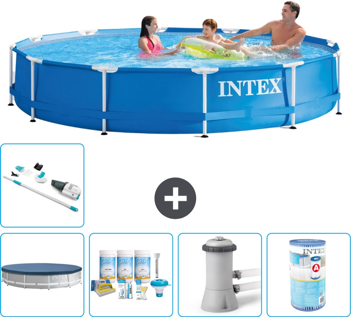 Intex Rond Frame Zwembad - 366 x 76 cm - Blauw - Inclusief Afdekzeil - Onderhoudspakket - Zwembadfilterpomp - Filter - Stofzuiger - 6-delig
