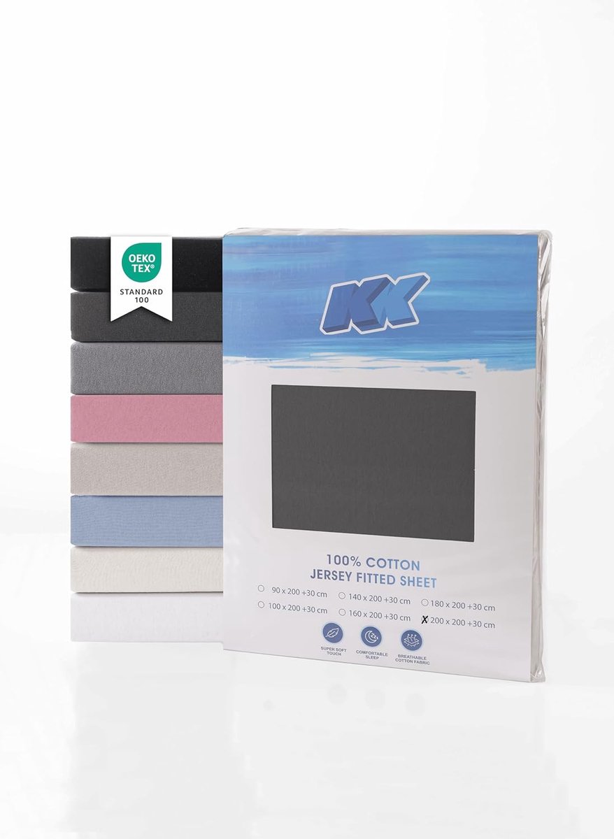 SnelShoppen - Jersey Fitted Sheet 100% Katoen, Elastica, Zacht, Ademend, Oeko-Tex 200x200+30cm, Antraciet - Ideaal voor Matrassen tot 25cm Hoogte
