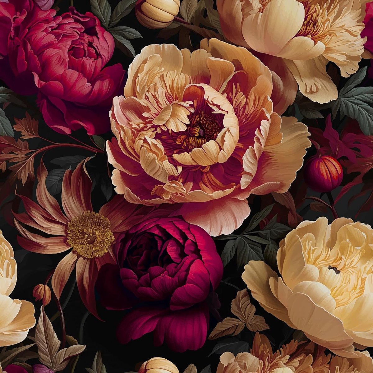 Bloemenbehang Zelfklevend met Grote Pioenrozen in Geel en Rood voor Woonkamer en Slaapkamer, Vintage Wanddecoratie voor Meubels en Keuken 30.5