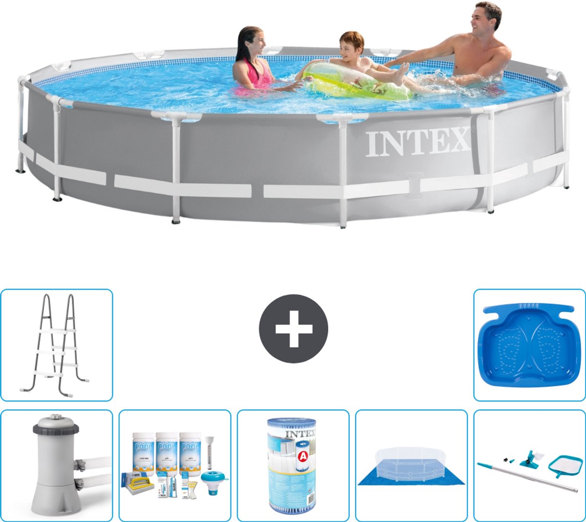Intex Rond Prism Frame Zwembad - 366 x 76 cm - Grijs - Inclusief Pomp - Onderhoudspakket - Filter - Grondzeil - Schoonmaakset - Ladder - Voetenbad - 8-delig