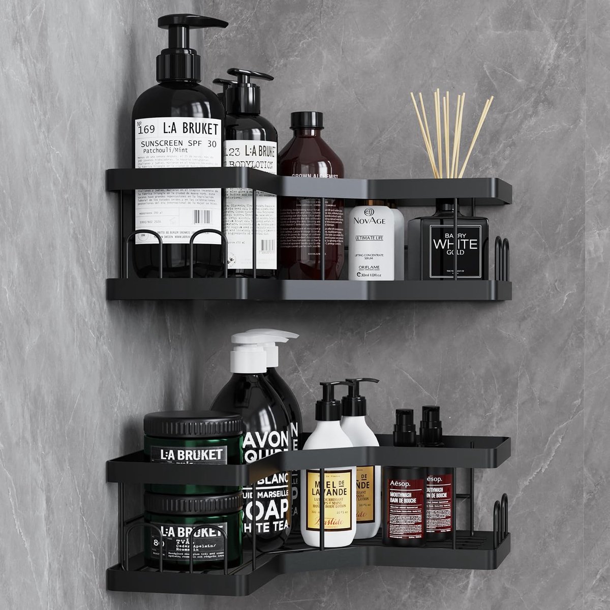 SnelShoppen - Douche Caddy 2 Stuks - Zwarte Roestbestendige Badkamer Planken Hoek - Zelfklevende Douche Plank Geen Boren - Zeep Houder Organizer - Bad