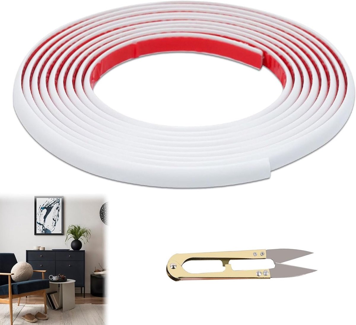 Zelfklevende sierlijsten van flexibele PVC, 10 m x 0,8 cm, voor wanddecoratie, spiegellijsten en deurkozijnen