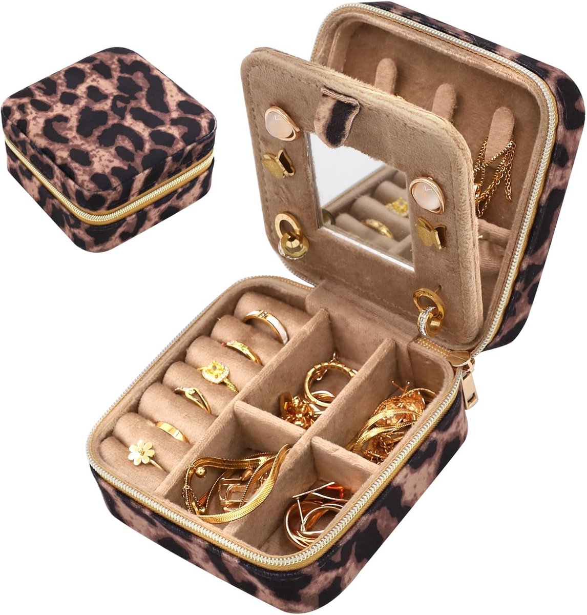 SnelShoppen - Travel Jewellery Box - Leopard Print Sieradenbox met Spiegel - Compacte Juwelen Organizer - Perfecte Verjaardagscadeau voor Vrouwen