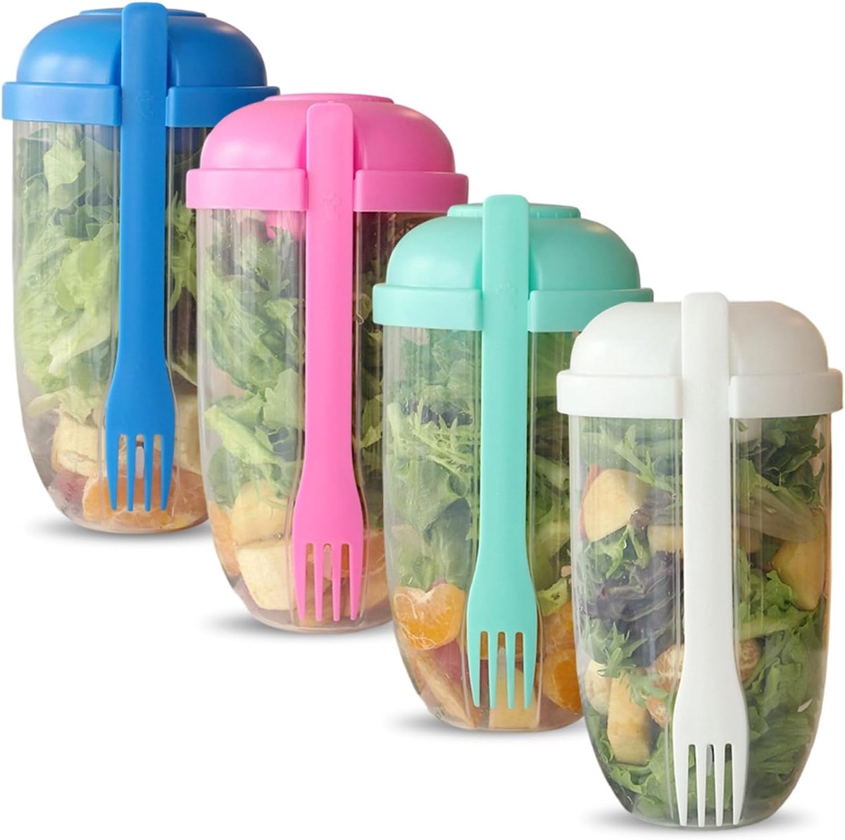 Yoghurt Beker voor Onderweg - 4 Pack Salad Cup met Dressing Container en Bestek - 1000ml Overnight Oats Beker - Herbruikbare Cruesli Beker to Go en Salade Lunchbox voor Kantoor en School-roze, mintgroen, wit, blauw