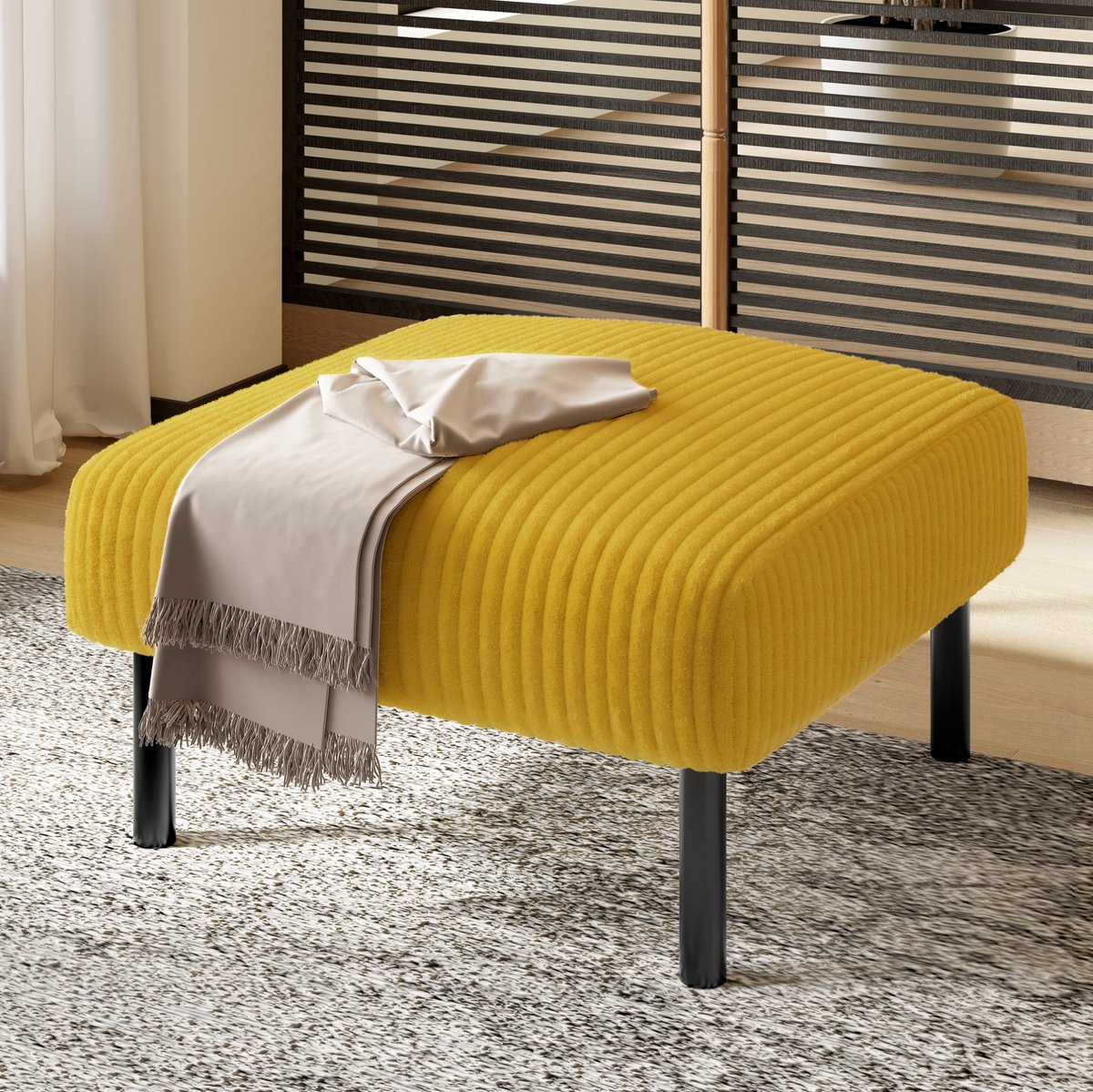 Voetenbankje Cordstof - 56 x 51 x 39 cm - Zachte Bekleding Met Metalen Frame - Geel - Als Voetbank, Hocker Of Bijzettafel Voor Binnen