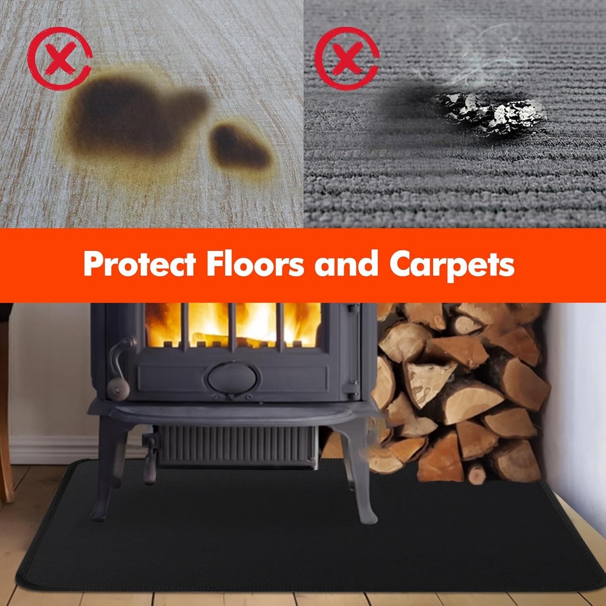 SnelShoppen - Fireproof Base Layer 120 x 90 cm - Vlamvertragende Mat voor Verwarmers en Open Haarden - Vloerbescherming tegen Vonken - Zwart - Voor Hu