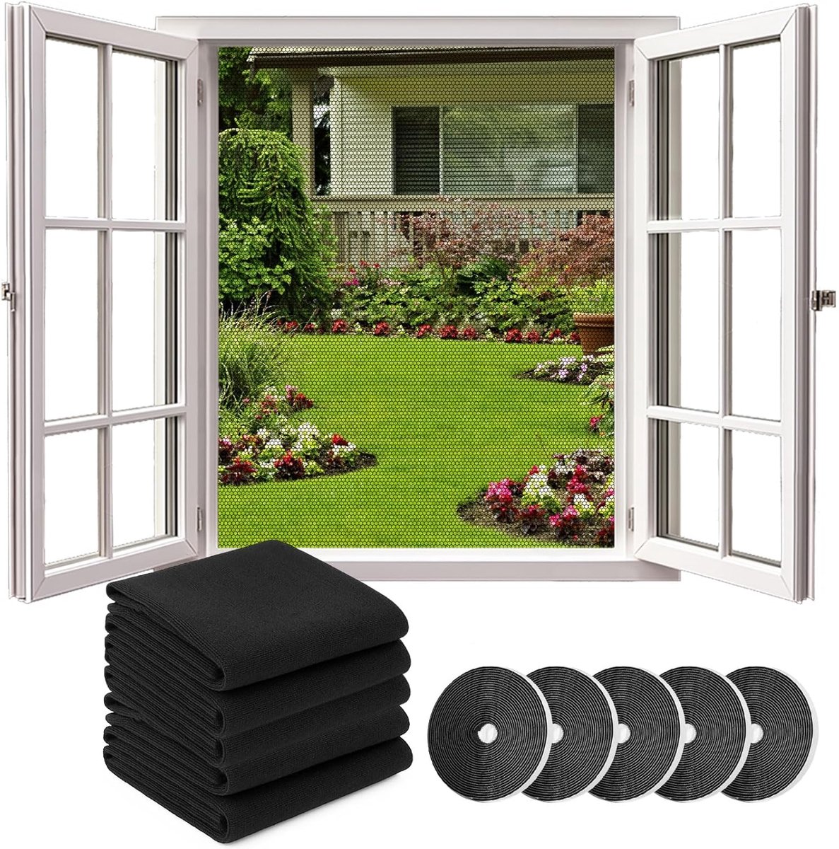 SnelShoppen - Pack van 5 Vliegenhorren voor Raam (1.3 x 1.5 m) - Hoge Dichtheid Muggennet Zwart, 5 Rollen Plakband, Geen Boren, DIY voor Alle Raamtype