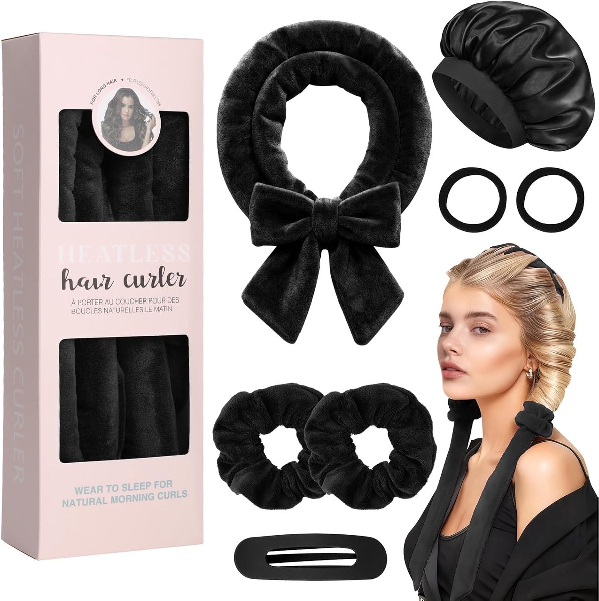 SnelShoppen - No Heat Curlers, Velvet Curlers Set met Slaapkap, Heatless Haar Krulband voor Lang en Middellang Haar, 7-delig, Zwart