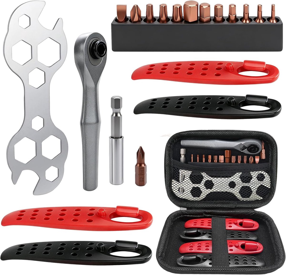 SnelShoppen - Fietsgereedschapsset 1/4 inch Mini-Ratelsleutel 13-delig met Bandenlichters, Verlengstang en Zeskant Multitool voor Fietsreparaties, Ond