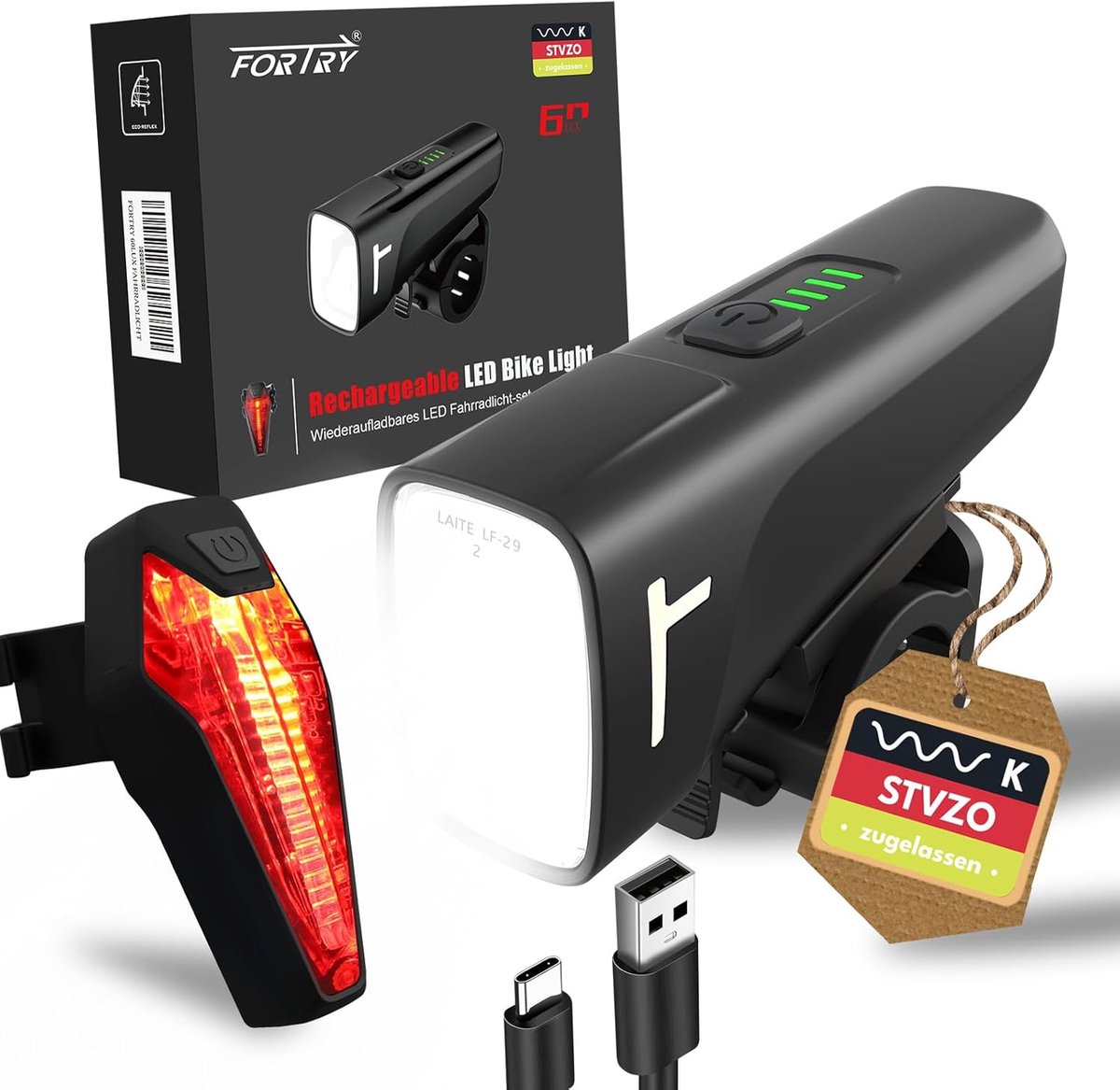 Thijox - Fietsverlichtingsset StVZO-gecertificeerd, USB type C opladen, IPX5 waterdicht, LED voor- en achterlicht, betrouwbare fietsverlichting voor v