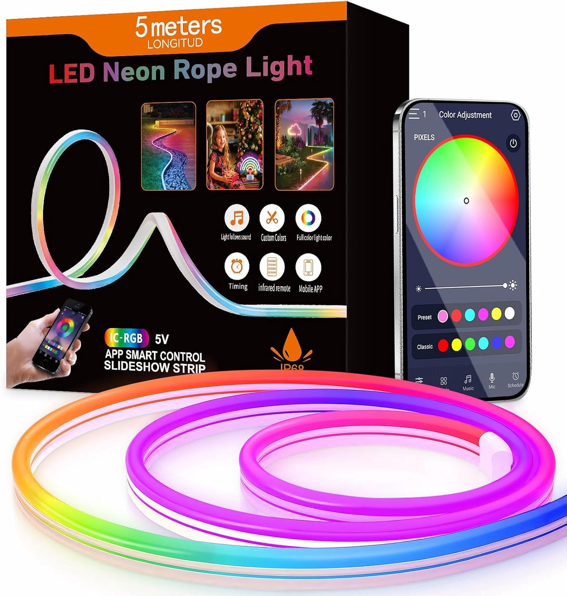 SnelShoppen - RGB IC Neon LED Strip 5 m Bluetooth 5 V - Multicolor App Bestuurde LED Wand Slang voor Buiten - Music Sync Perfect voor Game Room Decora