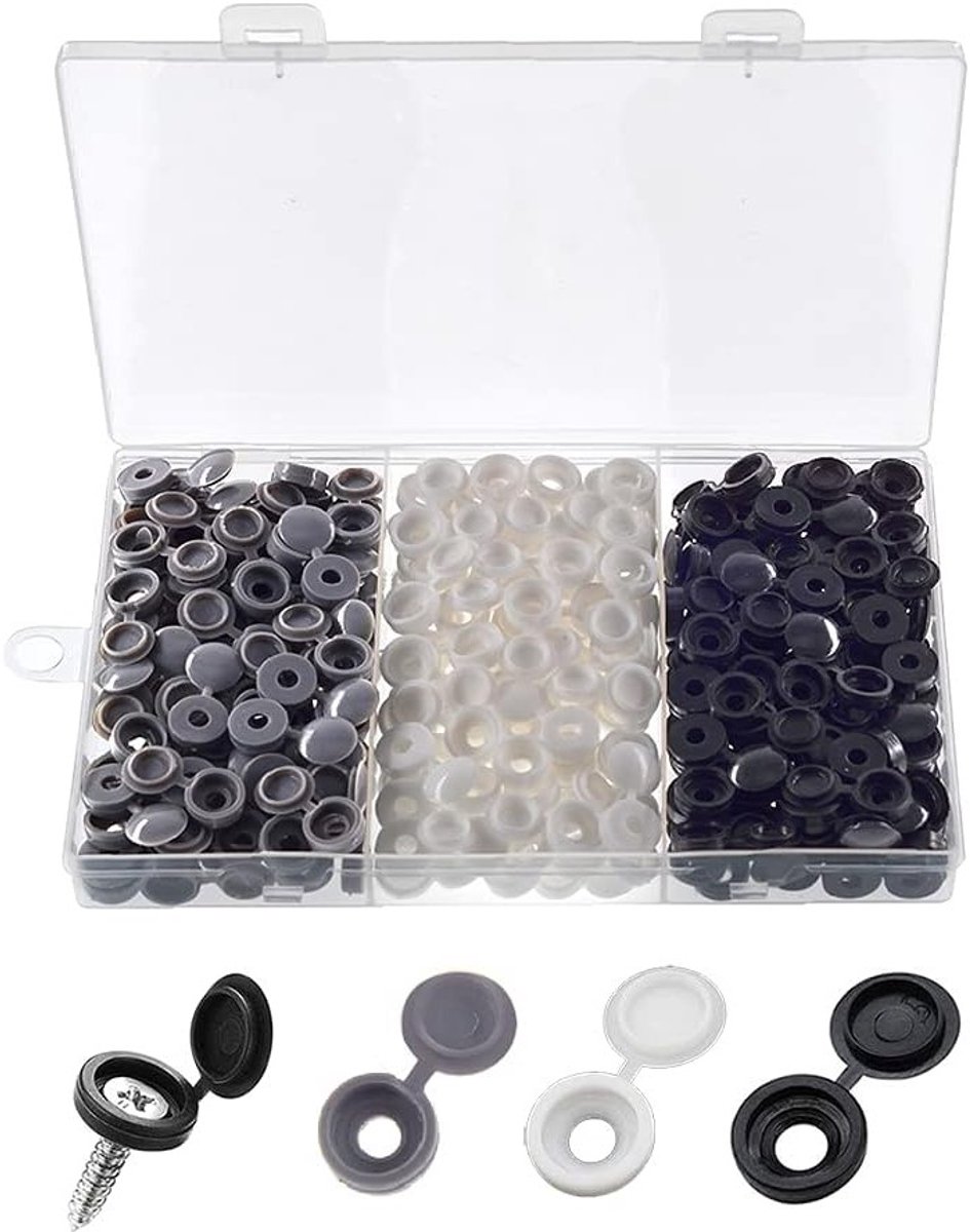 240 Stuks Plastic Scharnierende Schroefdoppen, Vouwbare Schroefdeksels voor Zelftappende Schroeven, Decoratieve Bescherming voor Meubels en Kasten in Wit/Zwart/Grijs