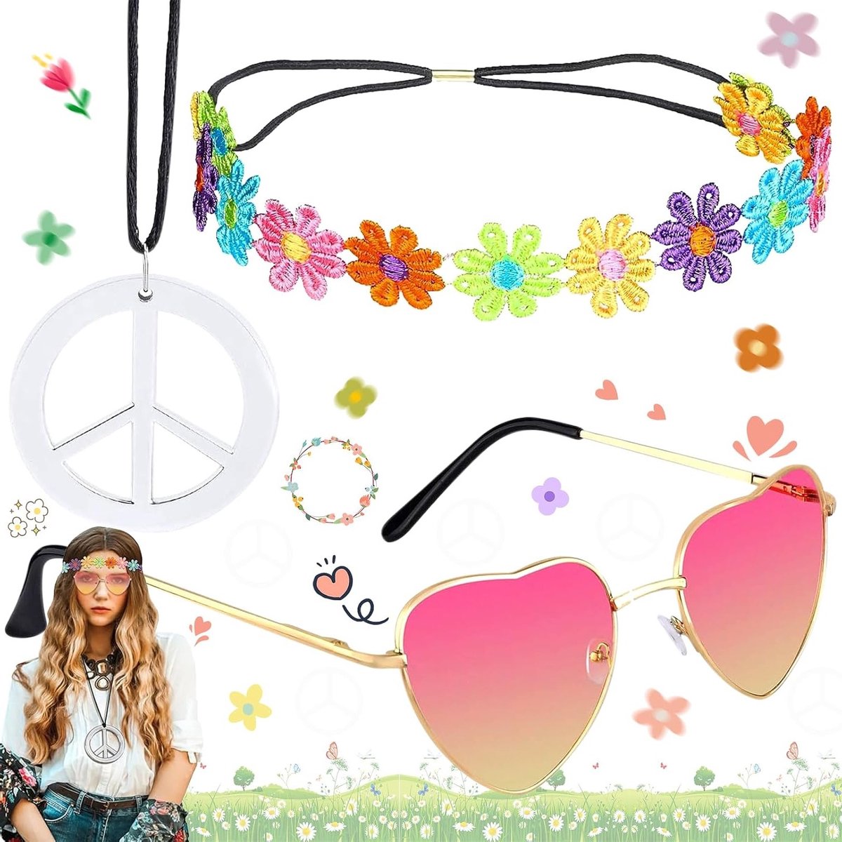 Retro Hippie Accessoires Set - 3 Stuks met Zonnebril, Vredesketting en Haarband voor 60s en 70s Kostuum, Perfect voor Feestjes en Thema-avonden
