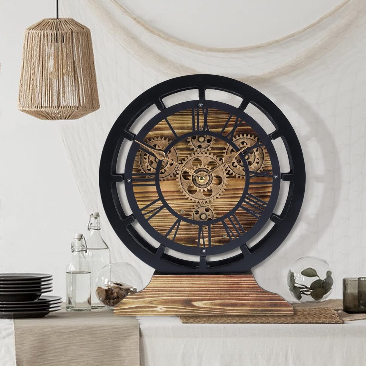 Vintage Wandklok met Beweeglijke Tandwielen en Afneembare Voet, 2-in-1 Houten Retro Klok voor Woonkamer Decoratie en Boerderijstijl Interieur