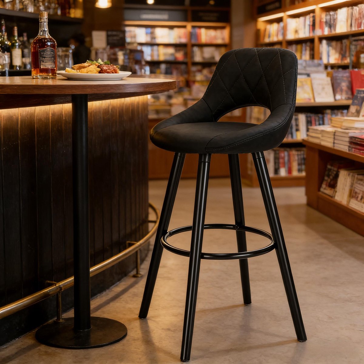 MEUNIQ Barkruk met rugleuning 91 cm hoog, zithoogte 68 cm, stoffen zitting 43 x 43 cm, houten poten, antislip voetdoppen, voor keuken en bar, antraciet Anthraciet