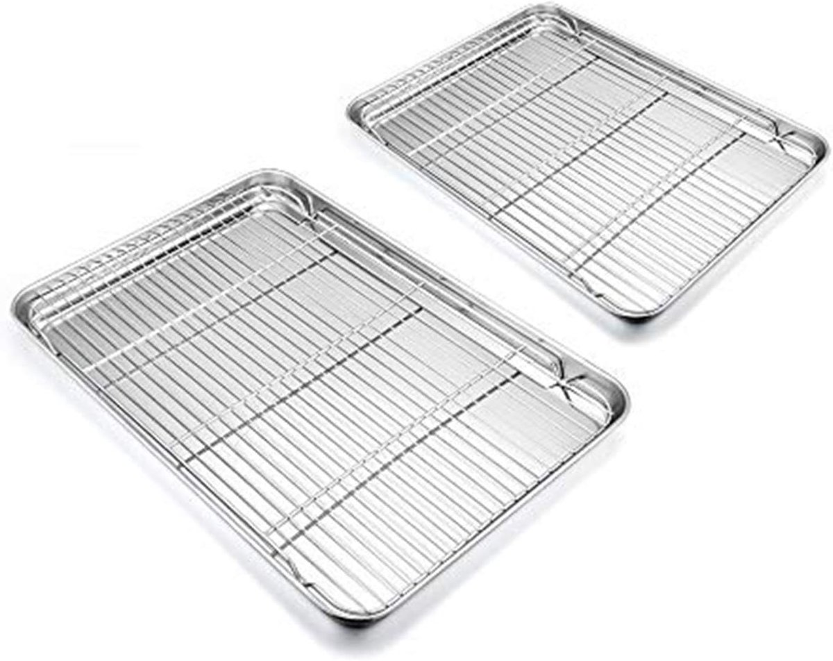 SnelShoppen - Bakplaat met taartrooster, RVS ovenplaat/coolrack rechthoekig voor bakken/coolen, set van 4 (2 taartroosters + 2 grillrekken) - Gezond &