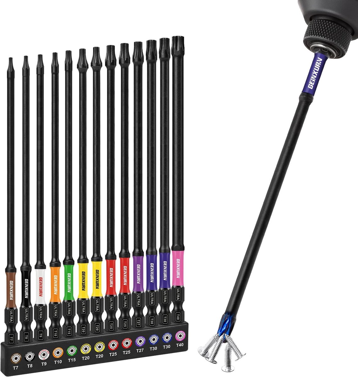 SnelShoppen - Set van 13 Torx Schroevendraaier Bits T7-T40, 150mm Lang, S2 Legering, Magnetisch, Shockproof, Kleurgecodeerd, 1/4 Inch Hex Schacht voor