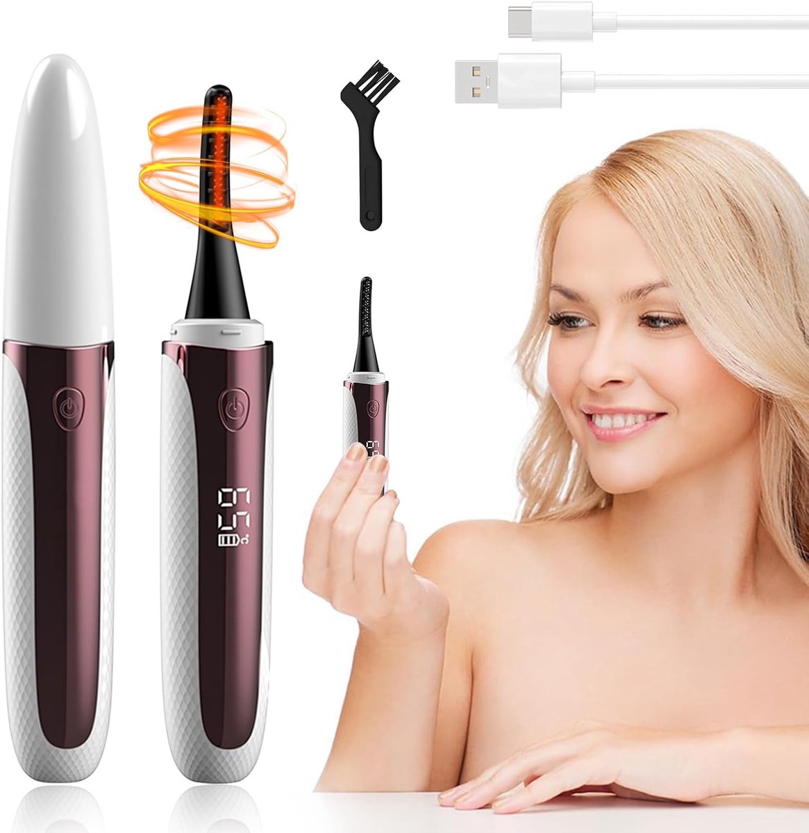 SnelShoppen - Verwarmbare Wimpertang - 24-Uurs Natuurlijke Krullen - 8 Seconden Voorverwarming - Dubbelzijdige Beschermkammen - Draagbaar met Type-C O