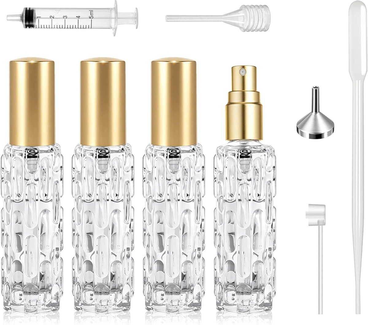 SnelShoppen - 4 x 10ml Refillable Mini Perfume Atomizer Set - Lekvrij Aluminium & Glas - Ideaal voor Reizen, Kantoor, Handtas - Goud