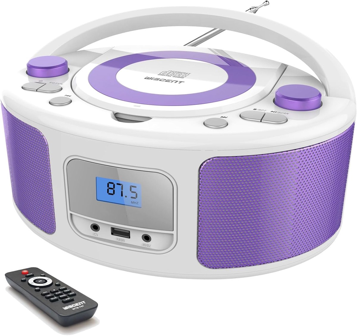 SnelShoppen - Draagbare CD Speler Bluetooth Boom Box met Afstandsbediening, FM Radio, USB, MP3 Afspelen, Compatibel met CD-R/CD-RW - Wit/Paarse Kleure