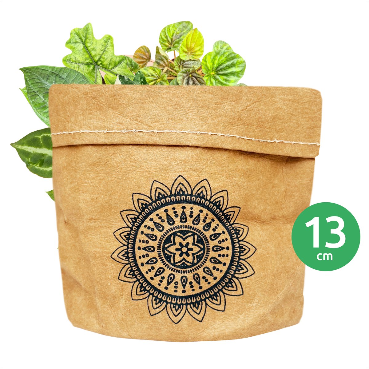 SIZO Bloempot - Plantenpot - Kamerplanten - Binnen - Bruin - Naturel - Mandala - Leder look - Ø13 x H13 cm - Waterdichte Binnenvoering - 100% Biologisch Afbreekbaar