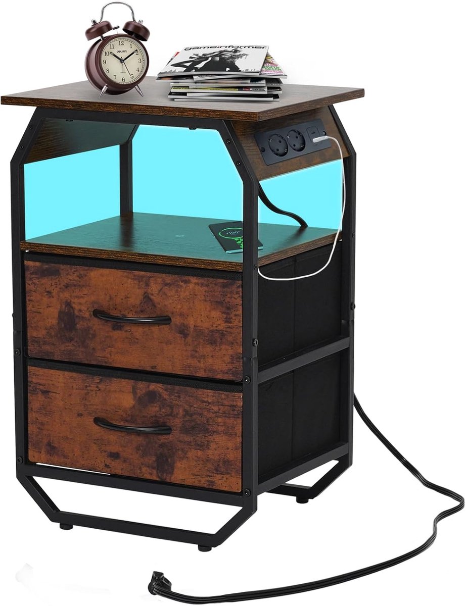 SnelShoppen - Nachttafel met Stopcontact, Houten Bedside Table, Modern Design, Multifunctioneel, Ideaal voor Slaapkamer, Woonkamer, Compact en Stijlvo