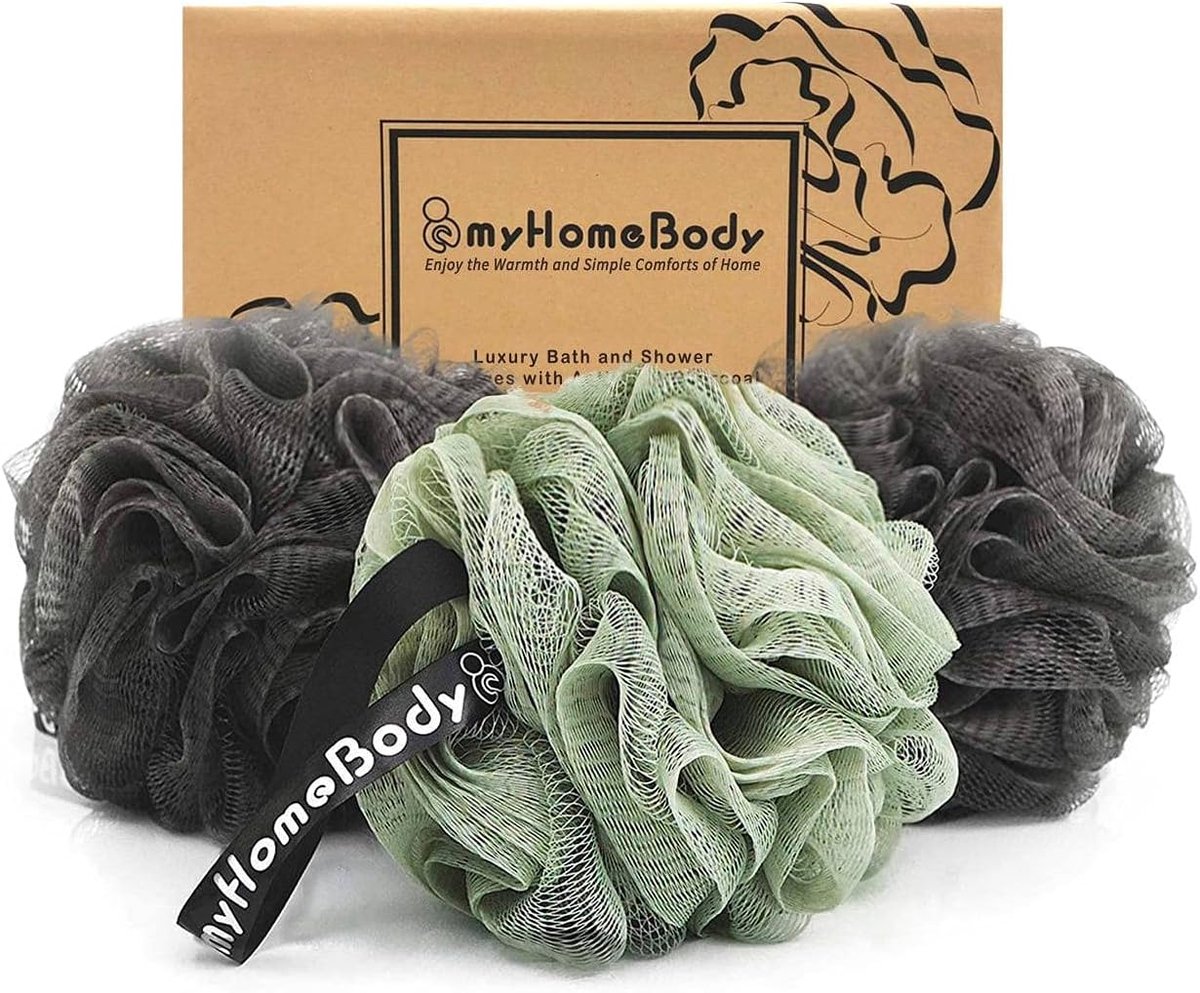 SnelShoppen - Luffa Spons Set 3 Stuks - 70g Exfoliërende Bad Spons - Geactiveerde Houtskool Douche Spons - 2 Grafietgrijs + 1 Saliegroen - Perfect voo