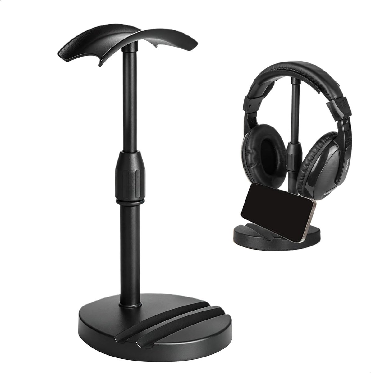 SnelShoppen - In hoogte verstelbare Bureau-hoofdtelefoonhouder met Antislip Basis en Dubbele Groef voor Mobiele Telefoons en Tablets - Zwart, 18-26 cm