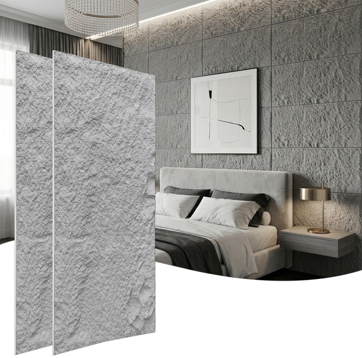 Froadp 4 stuks Plaatwerk met rotslook, 120 x 64 cm, 3 cm dik wandpanelen, PU-wandbekleding grafietzwart