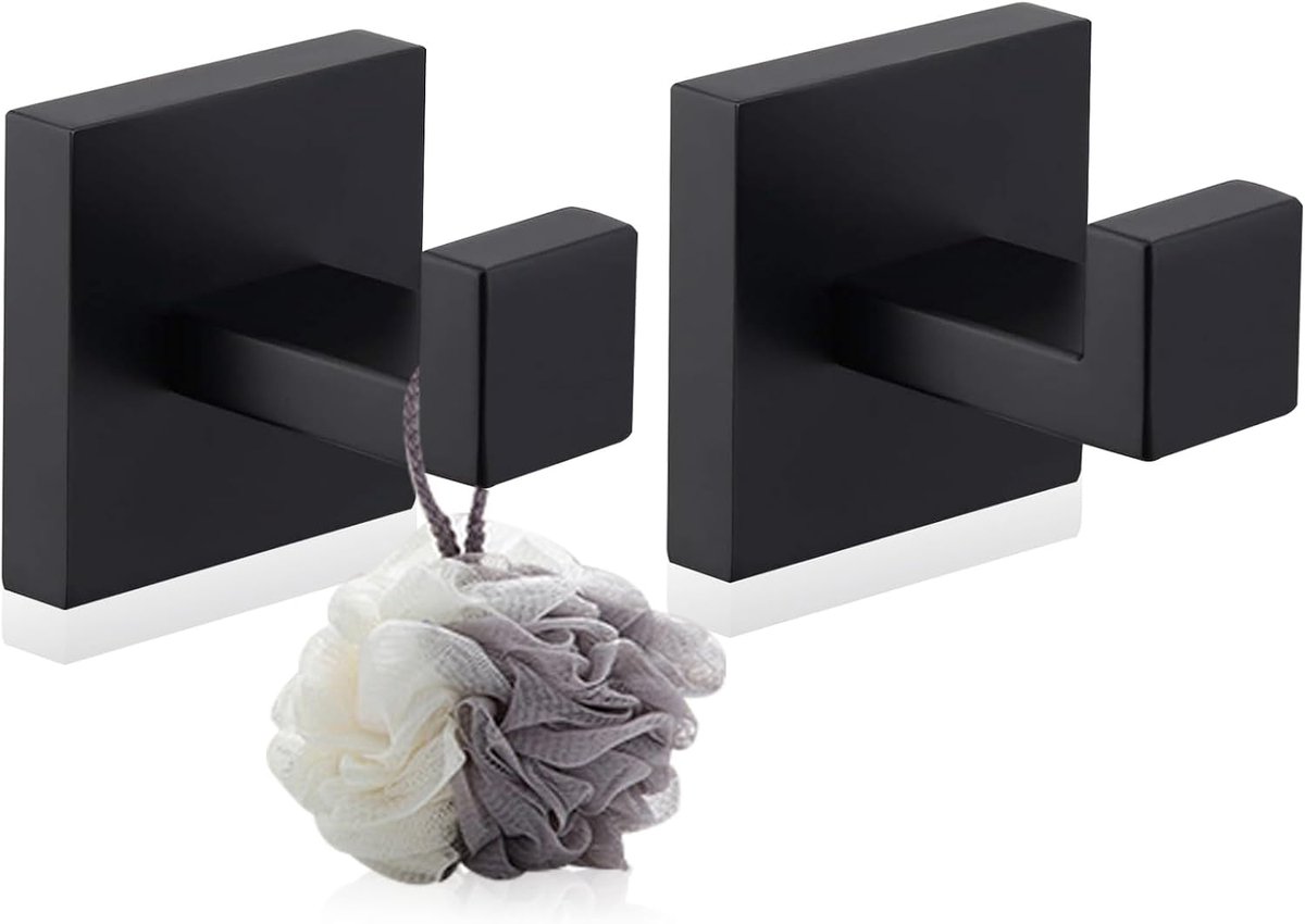 SnelShoppen - 2 Stuks Towel Hooks voor Drilling, Zwart Matte Badkamer Handdoekhouder, Concealed Mounting Haak, Zelfklevend voor Douche en Badkamer