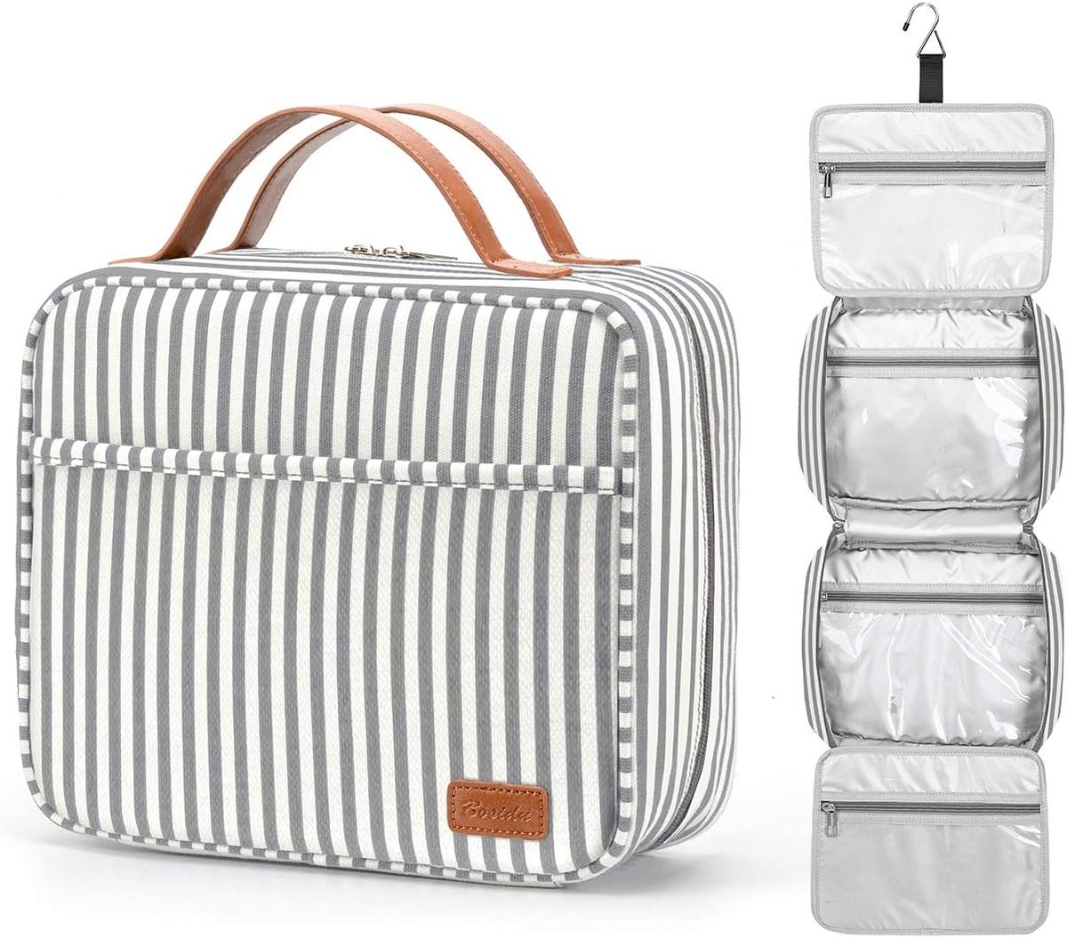 SnelShoppen - Toilettas om op te hangen, grote reis-toilettas met 4 vakken en stevige haak voor dames, grijs, L, make-up-organizer voor vakantie en da