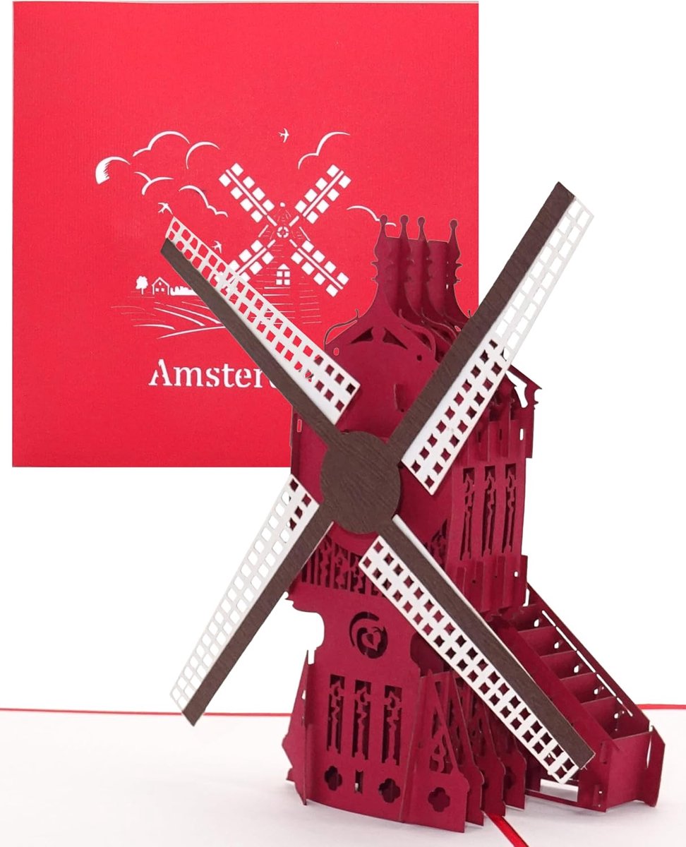 SnelShoppen - Pop-up kaart Amsterdam Windmühle - 3D kaart als geschenkidee & verjaardagskaart - souvenir, decoratie, cadeaukaart, Holland, Amsterdam