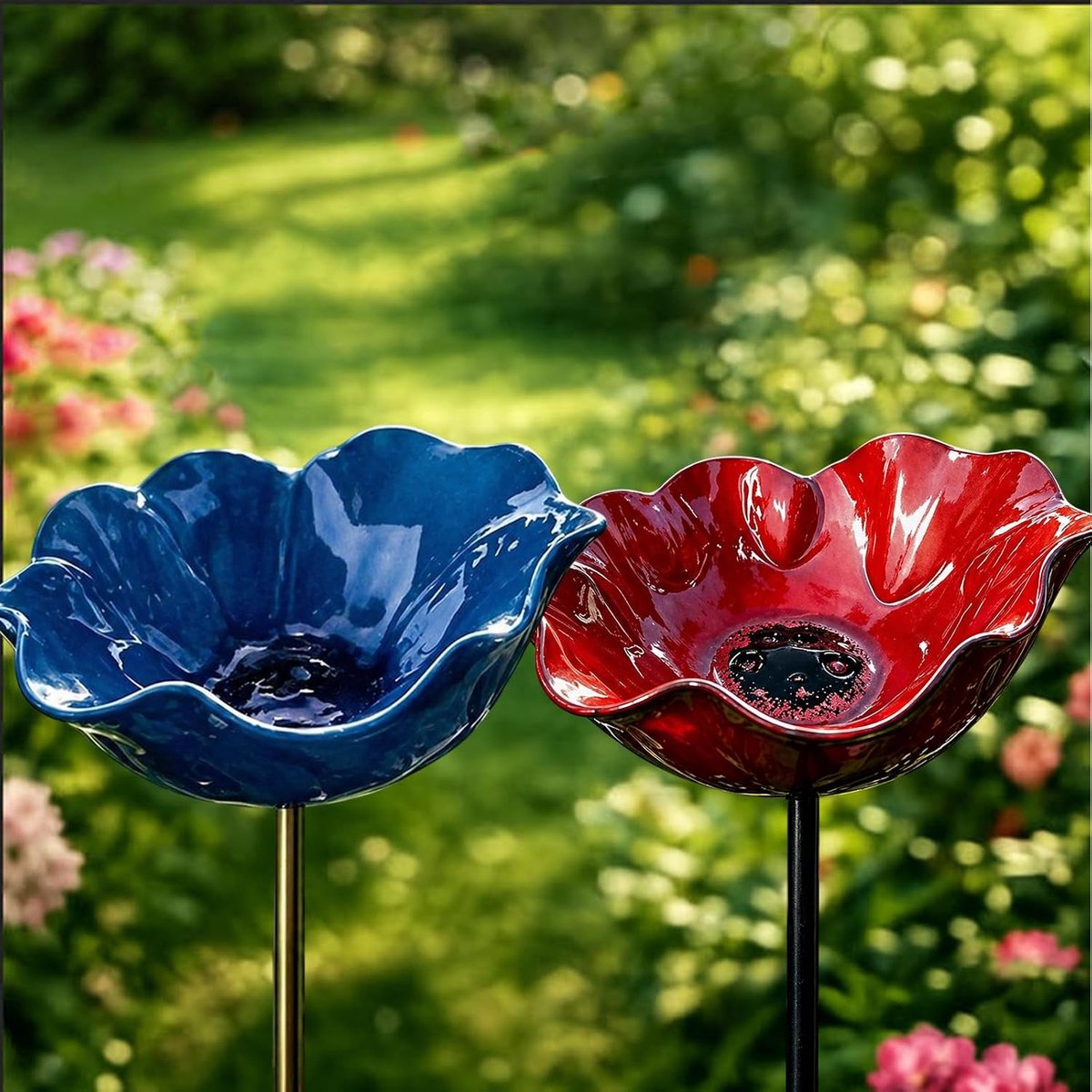 Vogeldrinkschaal - 2 Stuks - Vogelbadje - Vogeldrinkbakken - Metaalbloemen-tuinpaal-vogeldrinkbak - Tuindecoratie voor Vogels - Vogelbad voor Buiten - Wildlife Vogeldrinkschaal voor Tuinvogels - 15 x 60 cm - Rood + Donkerblauw