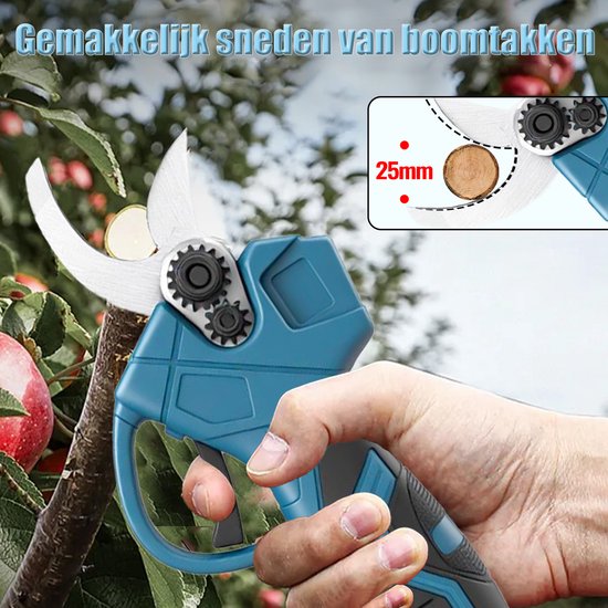 Elektrische Snoeischaar voor Tuin, 2 Verwisselbare Koolstofstalen Bladen, Max 25mm Takken Snijden, Ergonomische Accu Snoeigereedschap voor Fruitbomen en Struiken — afbeelding 4