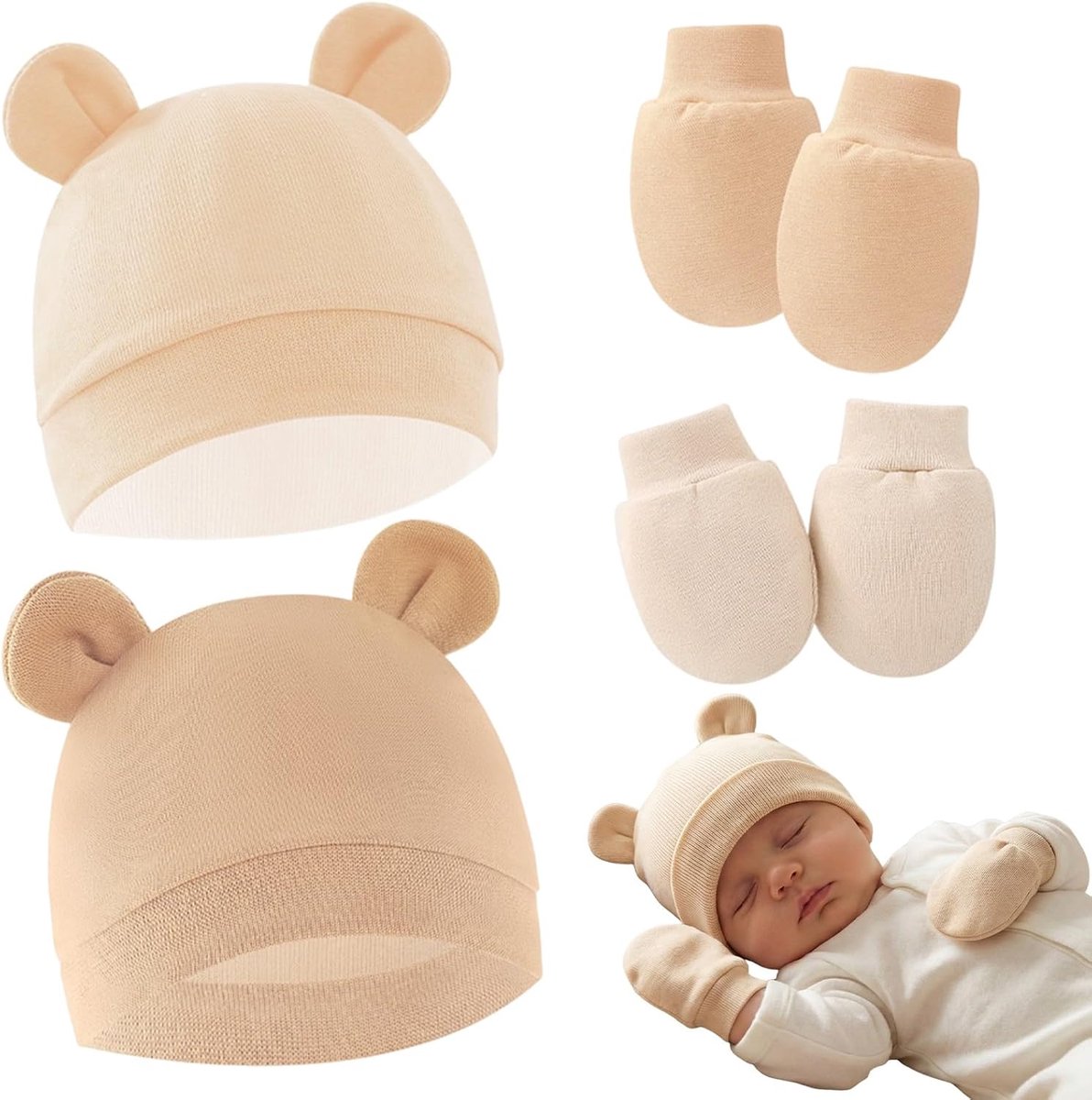 SnelShoppen - 2 Sets Newborn Baby Hoed en Handschoenen Set voor Jongens en Meisjes - 0-6 Maanden - Katoen Baby Kleding - Perfect voor Dagelijks Gebrui