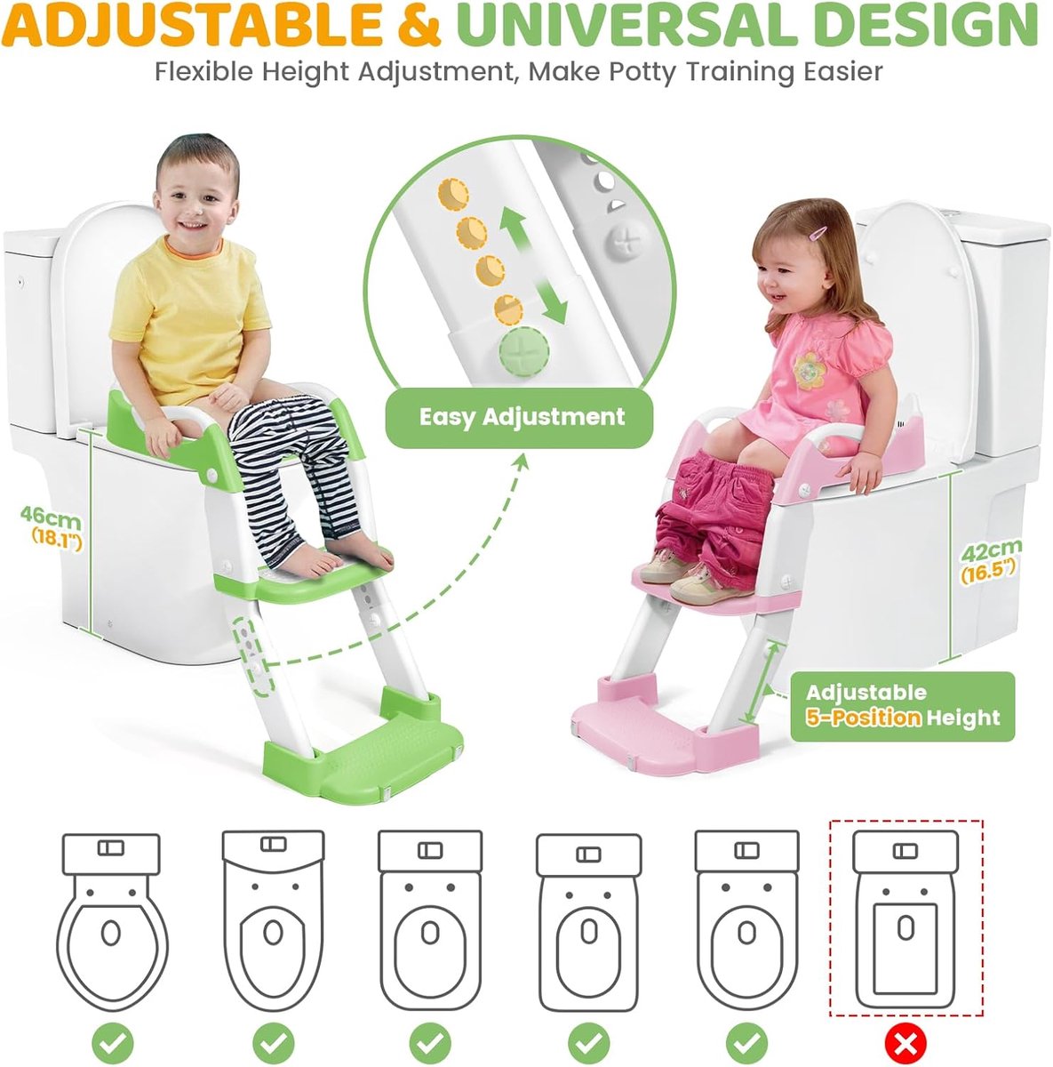 SnelShoppen - Verstelbare Kinder Toiletbril met Trap, 2 in 1 Toilettraining Zitting met Stapstoel, Baby Pot met Hoogteverstelling, Uitgebreide Pedal e