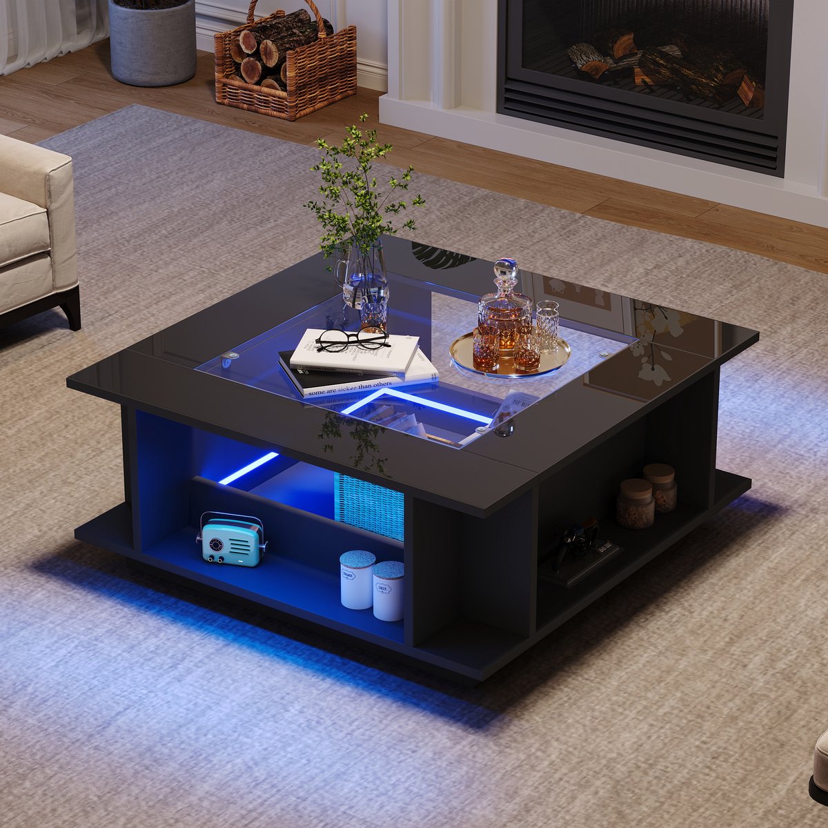 HAUSS SPOLE Salontafel - Hoogglans Met Glazen Blad En Ledverlichting - Met Opbergruimte Voor Woonkamer - Spaanplaat - 70x70x30 Cm - Zwart