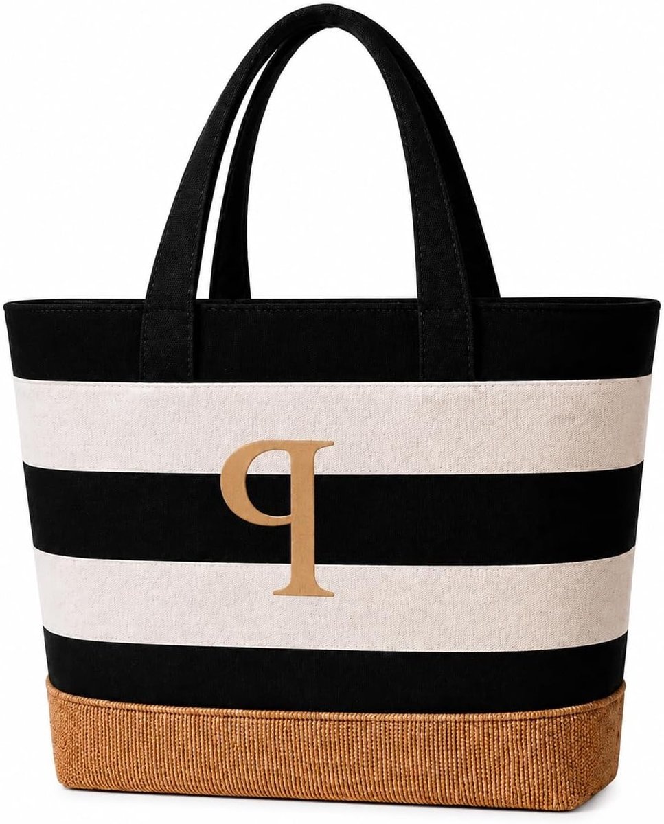 Persoonlijke Strandtas voor Dames met Rits, Grote Initiële Tas als Persoonlijk Cadeau voor Vrouw, Vriendin of Bruidsmeisje in Zwart-Wit Gestreept Design