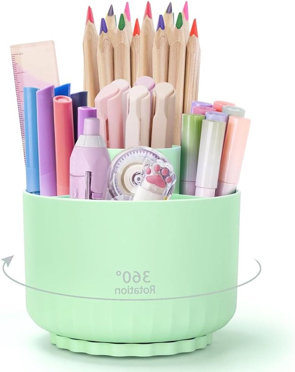 360 Graden Draaibare Pennenhouder, Desk Organizer met 5 Compartimenten voor Kantoor en School, Ideaal voor Potloden en Kantoorbenodigdheden, Groen